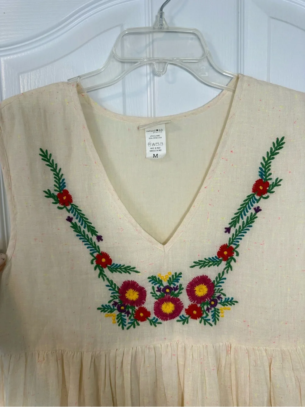 NATURAL LIFE Cream Sleeveless Dress with Bright Floral Embroidery 100% Cotton